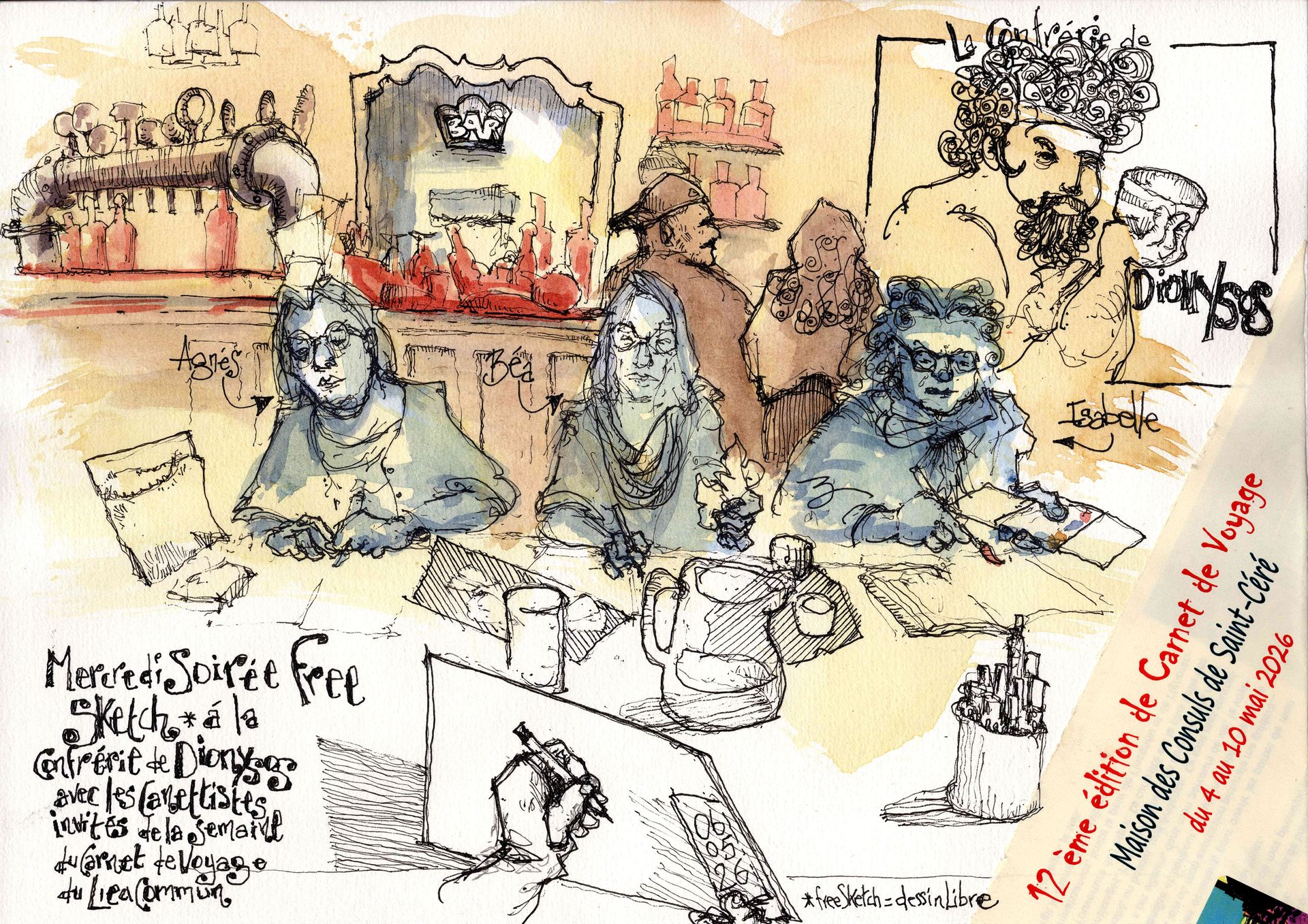 Soirée free sketche au Dionysos avec les carnettistes invités de la semaine du carnet de voyage de St Céré
