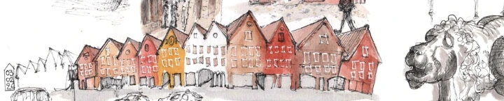 Croquis à l'aquarelle et à l'encre du port de Bergen, voyage au Cap Nor Croquis à l'aquarelle et à l'encre du port de Bergen, voyage au Cap Nor
