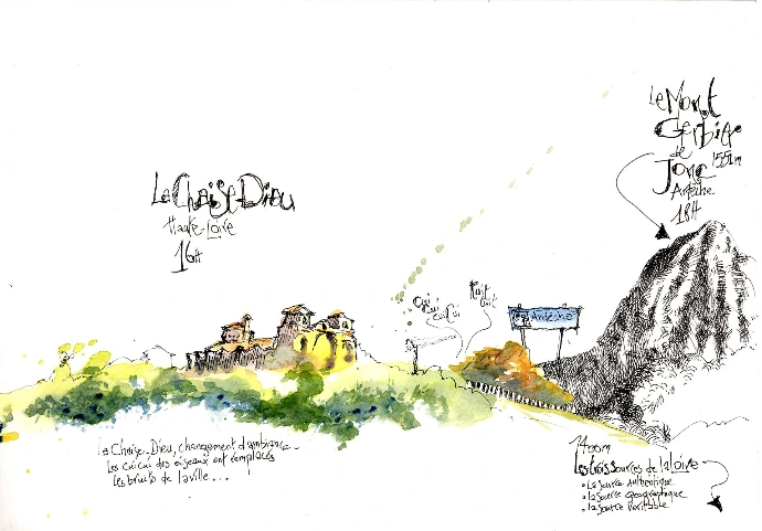 Aquarelle de l’abbaye de La Chaise-Dieu et dessin à l’encre du Mont Gerbier de Jonc, sources de la Loire en Ardèche