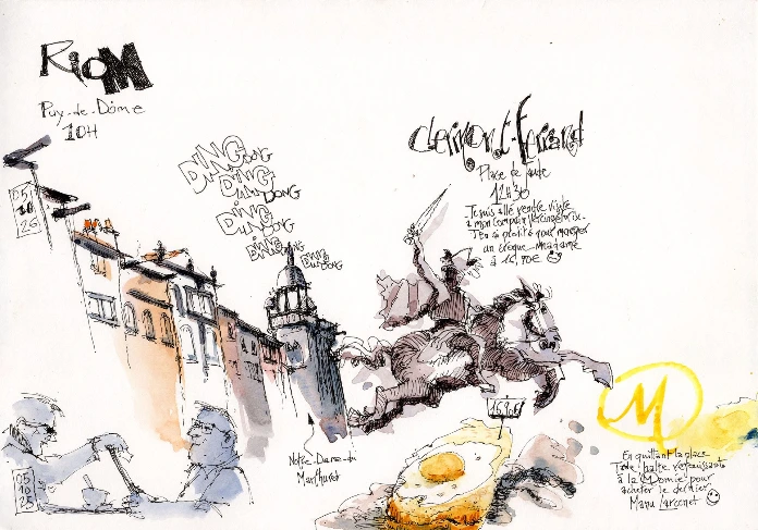 Croquis à l’encre et aquarelle de Riom, Notre-Dame-du-Marthuret et de la statue de Vercingétorix place de Jaude à Clermont-Ferrand